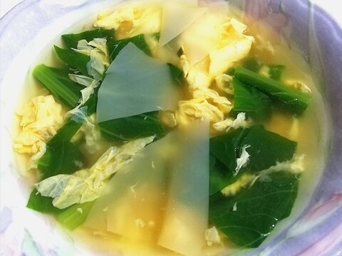 餃子の皮リメイク 小松菜と卵の中華スープ